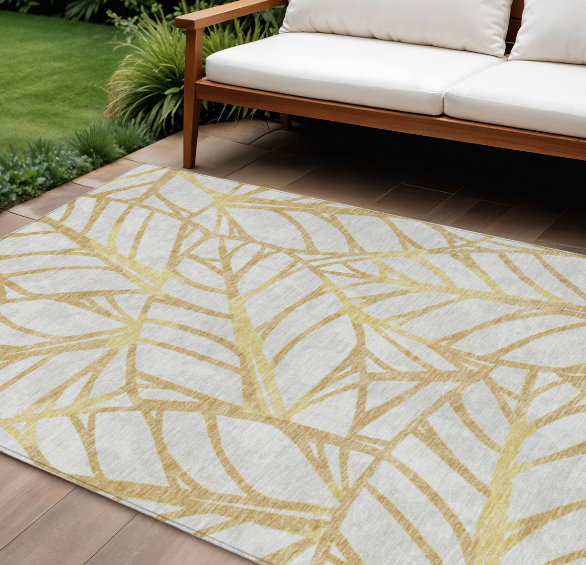 10' X 14' Gold And Beige Floral Washable Indoor Outdoor Area Rug