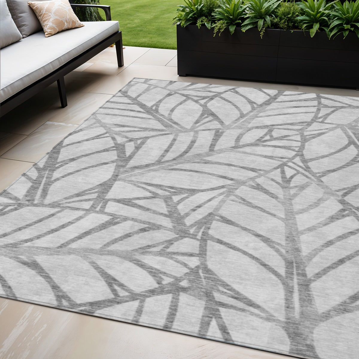 5' X 8' Gray And Silver Floral Washable Indoor Outdoor Area Rug