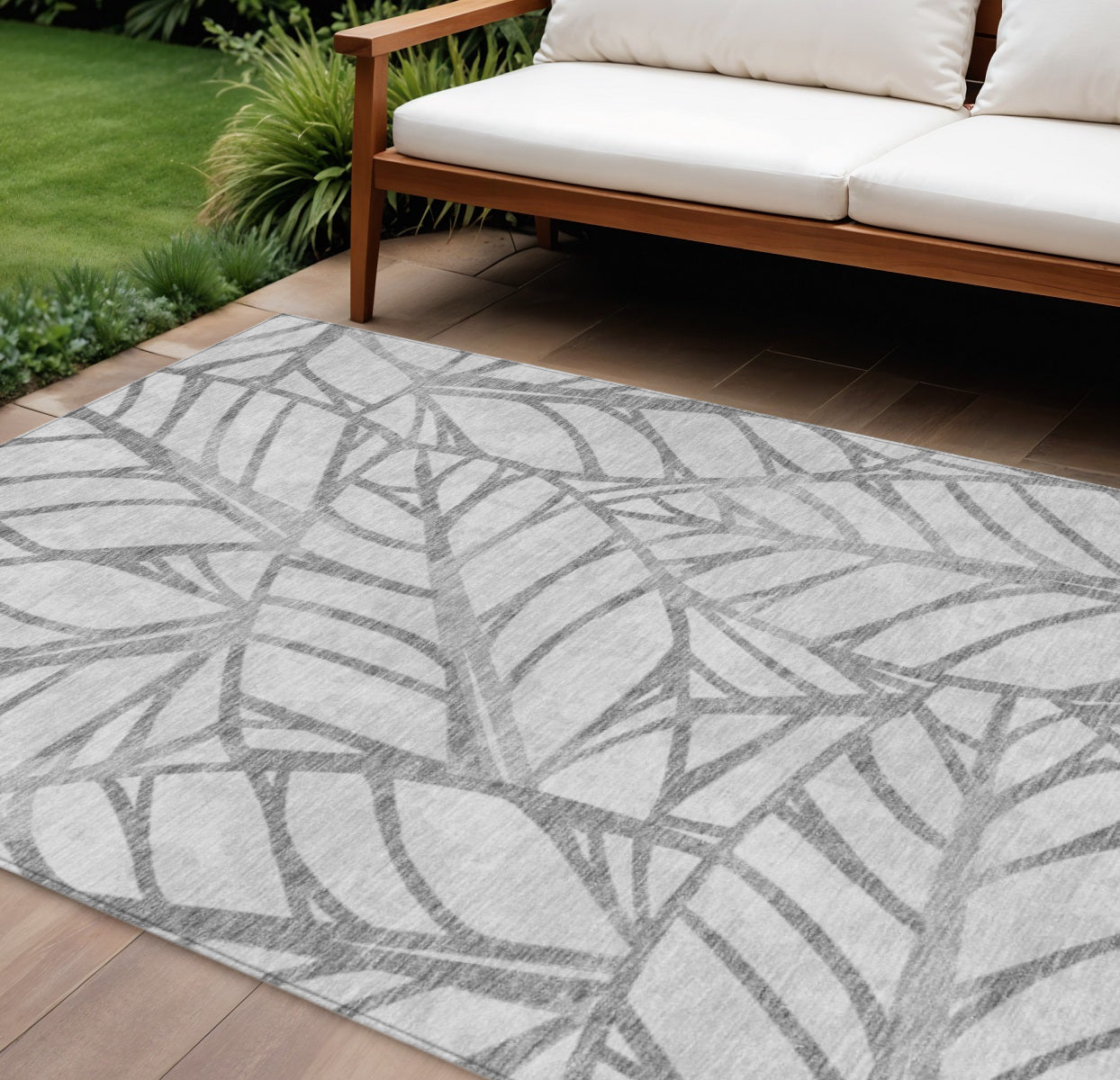 9' X 12' Gray And Silver Floral Washable Indoor Outdoor Area Rug