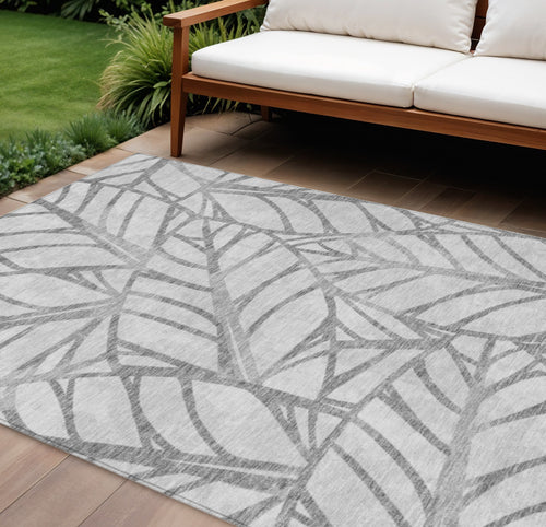 10' X 14' Gray And Silver Floral Washable Indoor Outdoor Area Rug