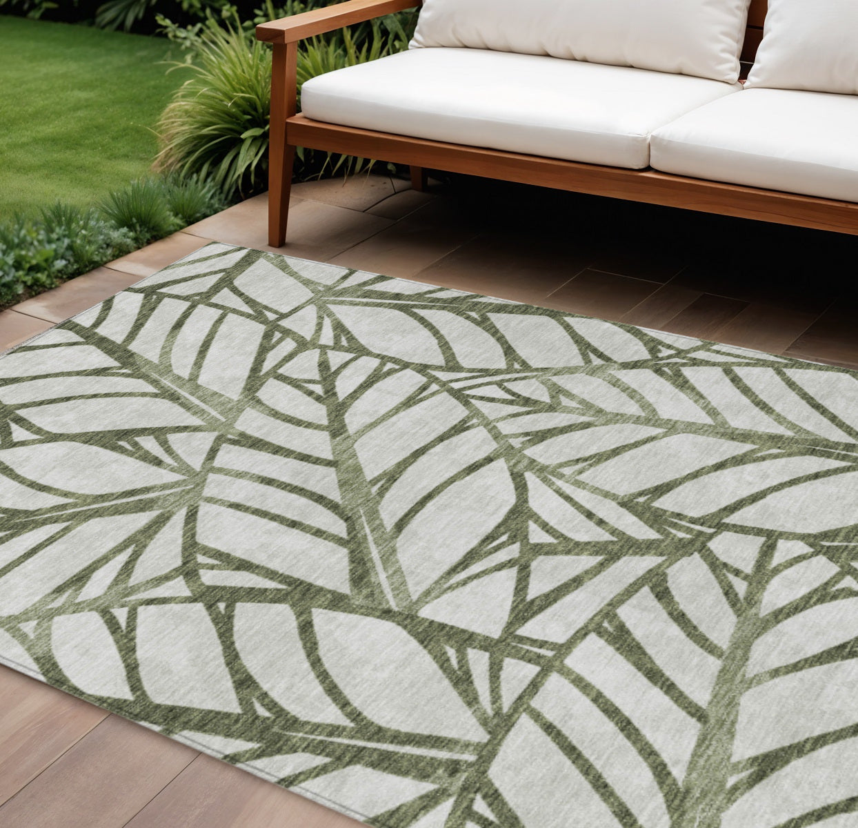 9' X 12' Olive Green And Beige Floral Washable Indoor Outdoor Area Rug