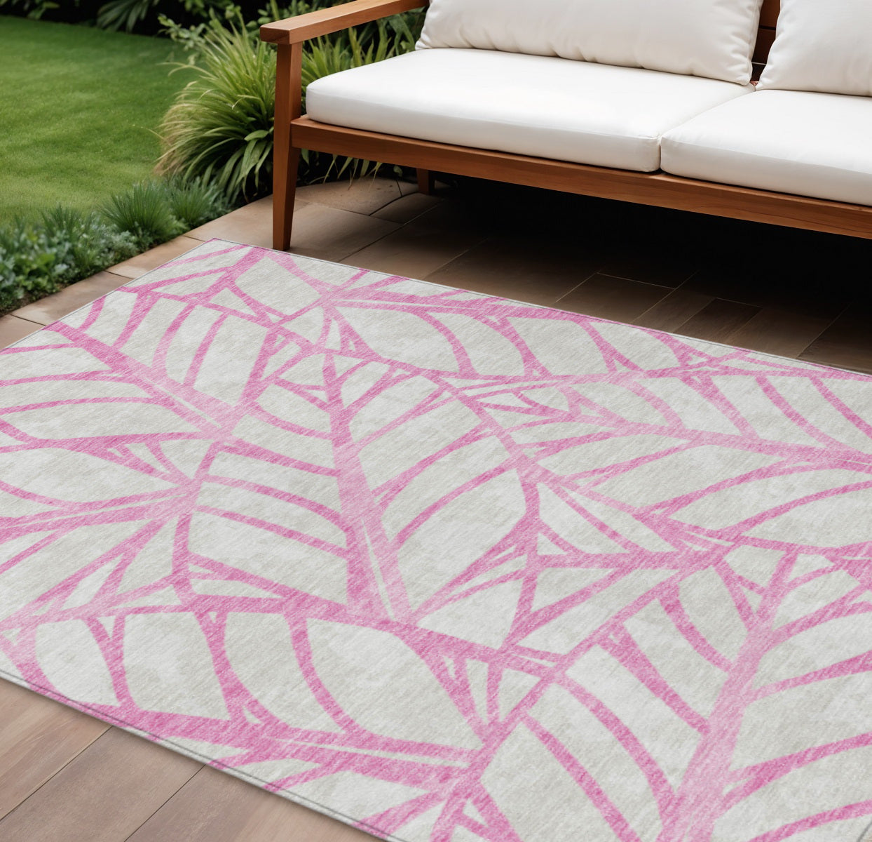 9' X 12' Pink And Beige Floral Washable Indoor Outdoor Area Rug