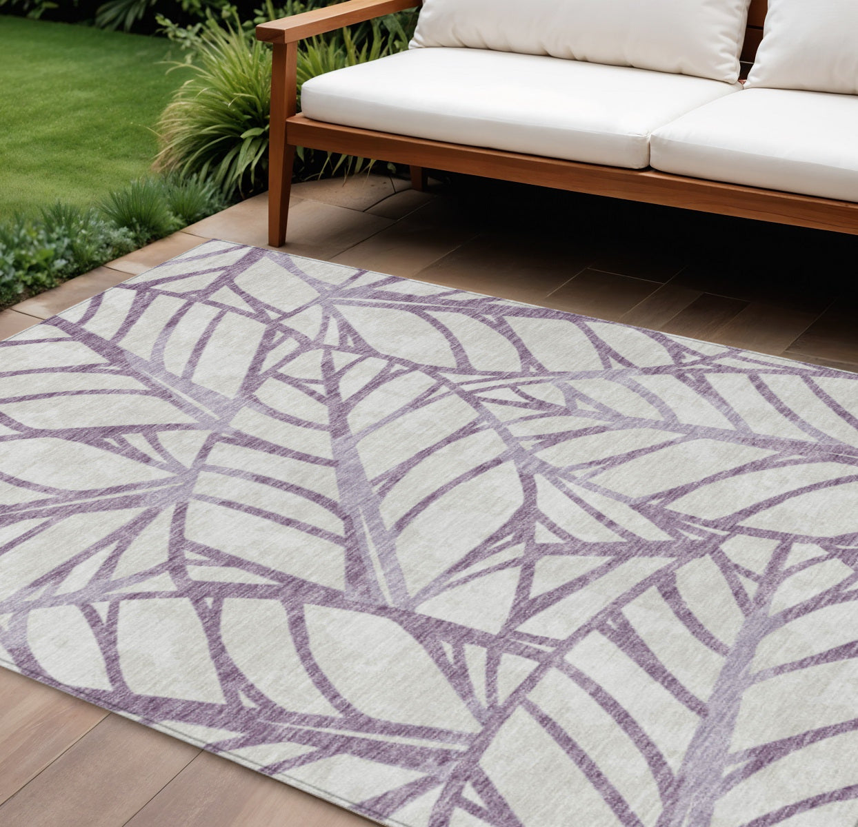 9' X 12' Purple Lavender And Beige Floral Washable Indoor Outdoor Area Rug