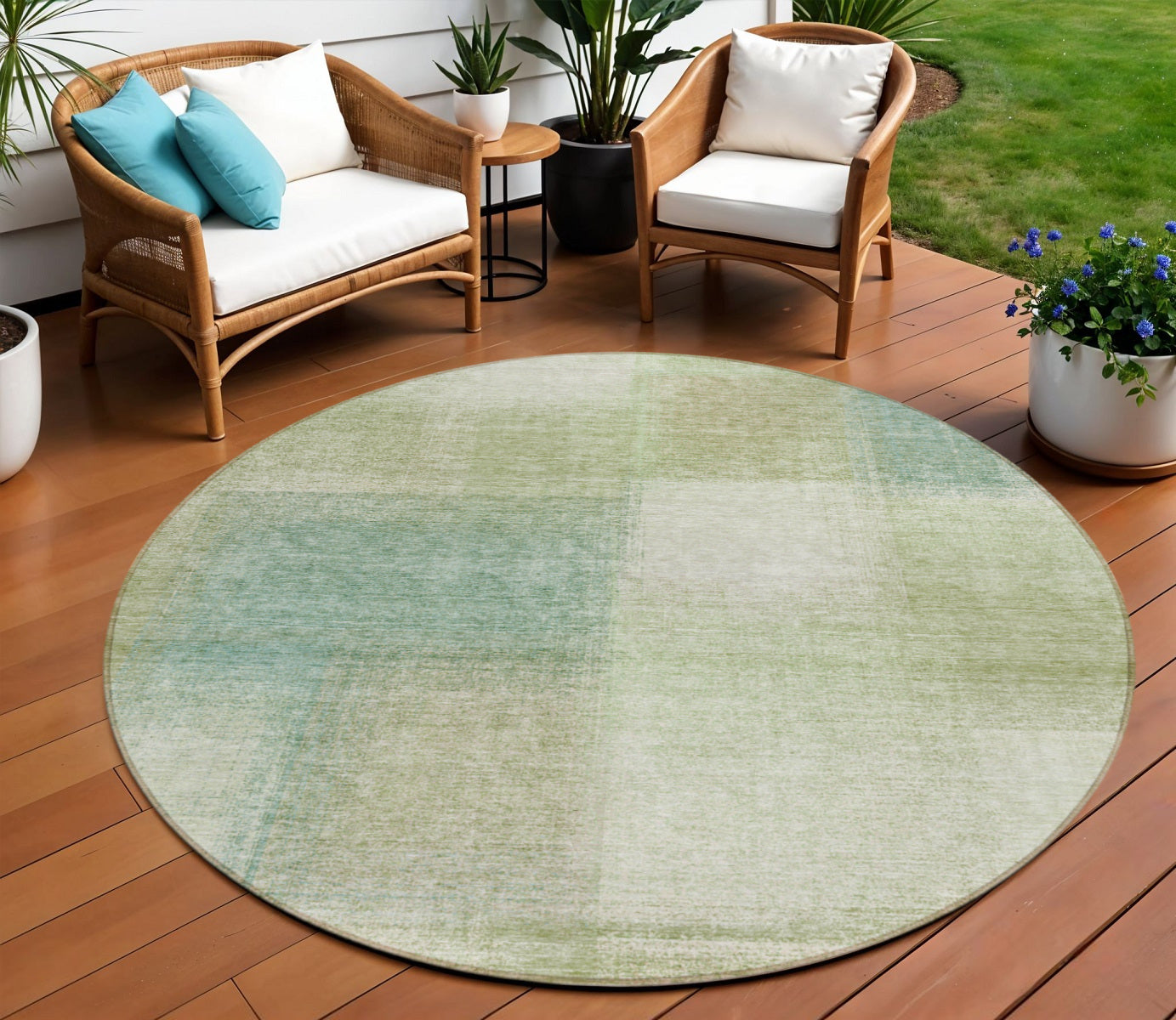 8' Artichoke Green And Beige Round Abstract Washable Indoor Outdoor Area Rug