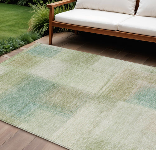 10' X 14' Artichoke Green And Beige Abstract Washable Indoor Outdoor Area Rug