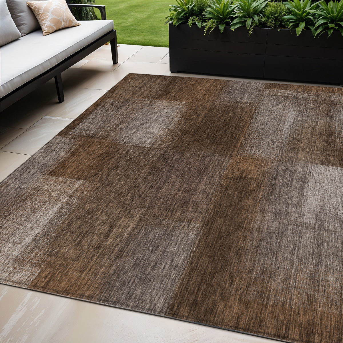 5' X 8' Brown And Ivory Abstract Washable Indoor Outdoor Area Rug