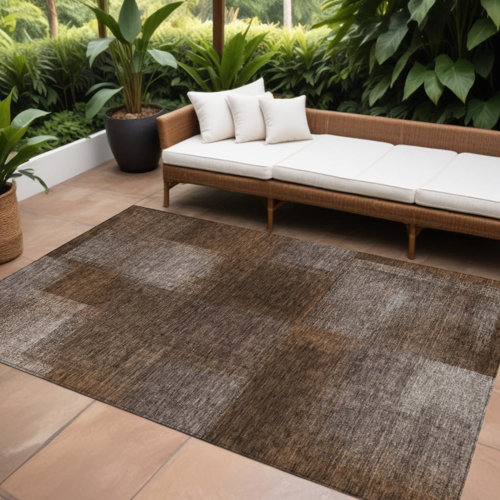 10' X 14' Brown And Ivory Abstract Washable Indoor Outdoor Area Rug
