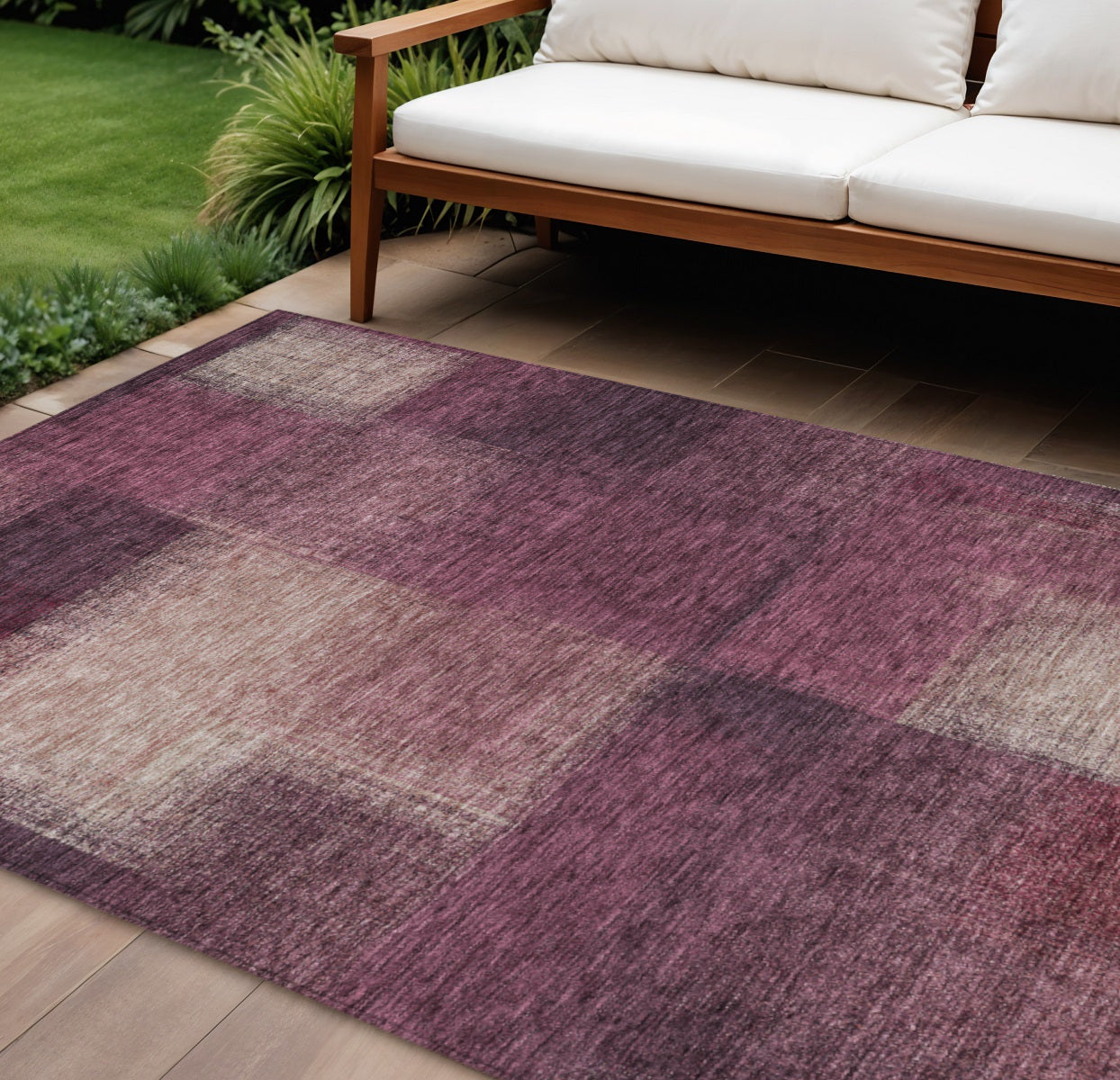 9' X 12' Plum Mauve And Beige Abstract Washable Indoor Outdoor Area Rug