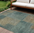 10' X 14' Teal Blue Brown And Taupe Abstract Washable Indoor Outdoor Area Rug
