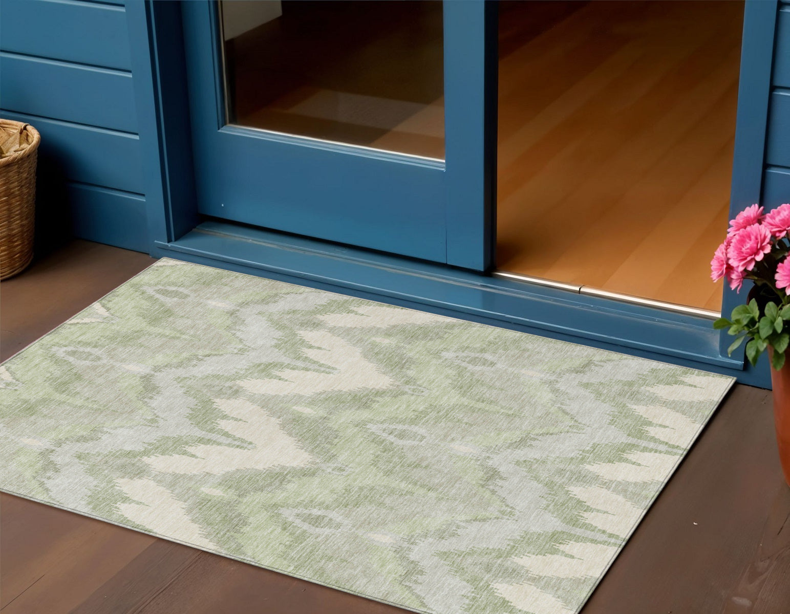 3' X 5' Artichoke Green And Beige Ikat Washable Indoor Outdoor Area Rug