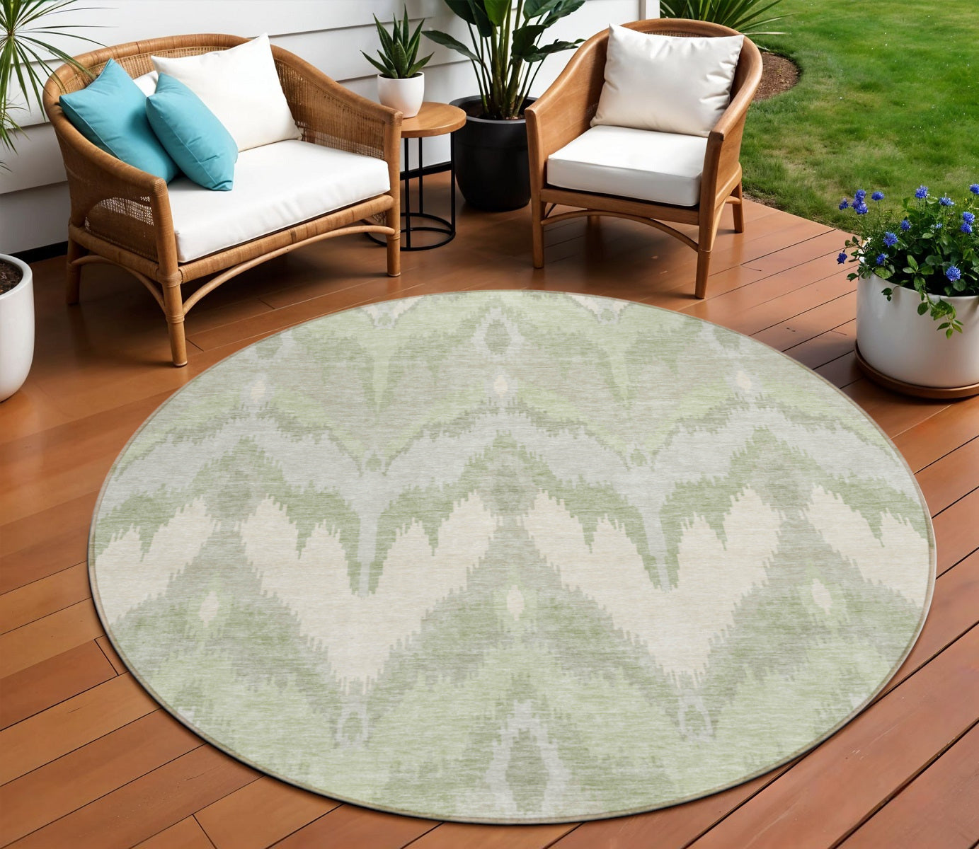 8' Artichoke Green And Beige Round Ikat Washable Indoor Outdoor Area Rug