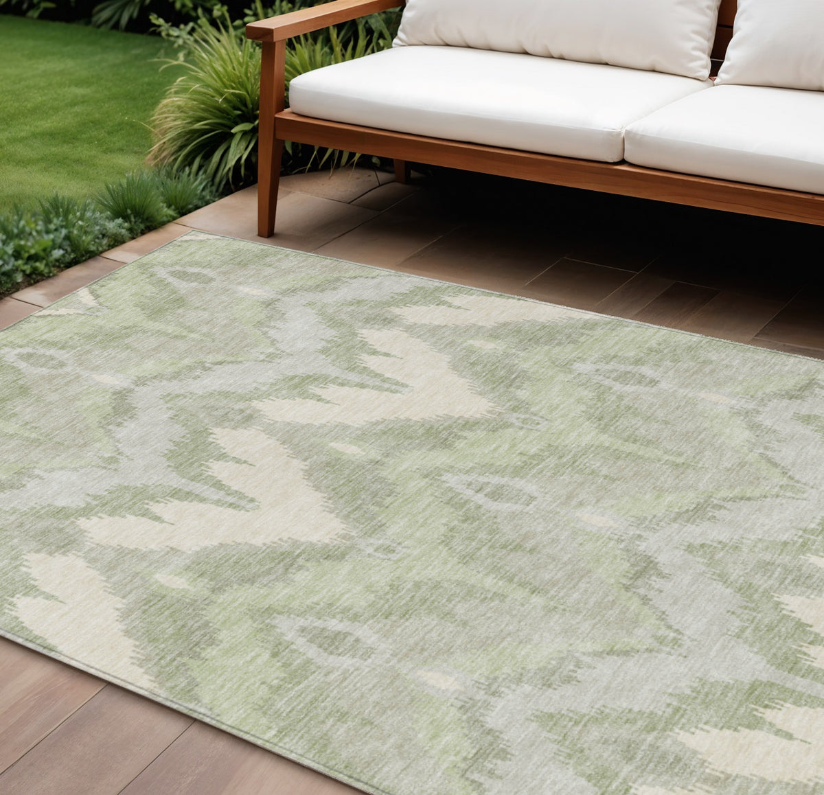 10' X 14' Artichoke Green And Beige Ikat Washable Indoor Outdoor Area Rug