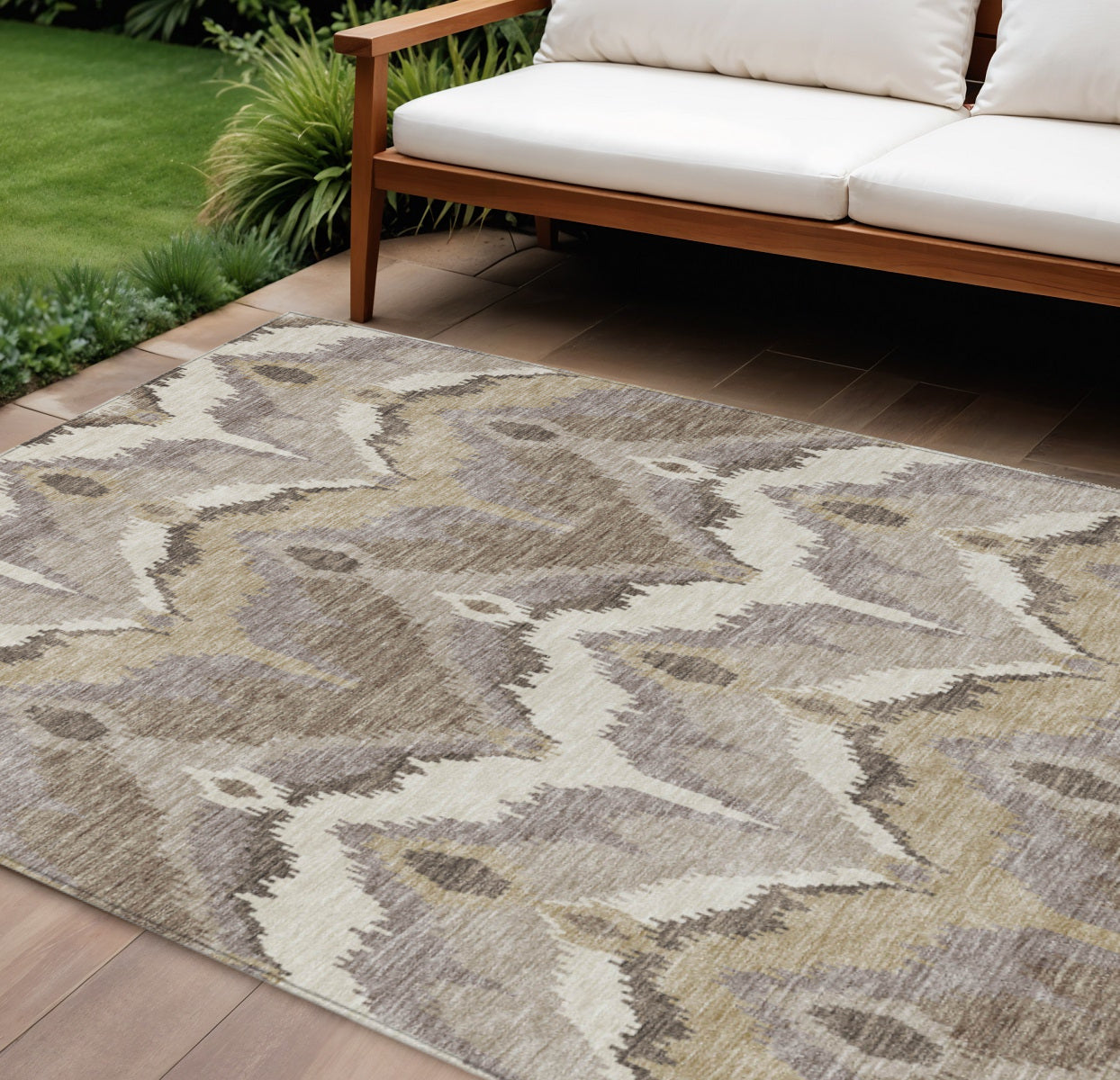 10' X 14' Beige Chocolate And Taupe Ikat Washable Indoor Outdoor Area Rug