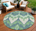 8' Green Ivory And Blue Round Ikat Washable Indoor Outdoor Area Rug