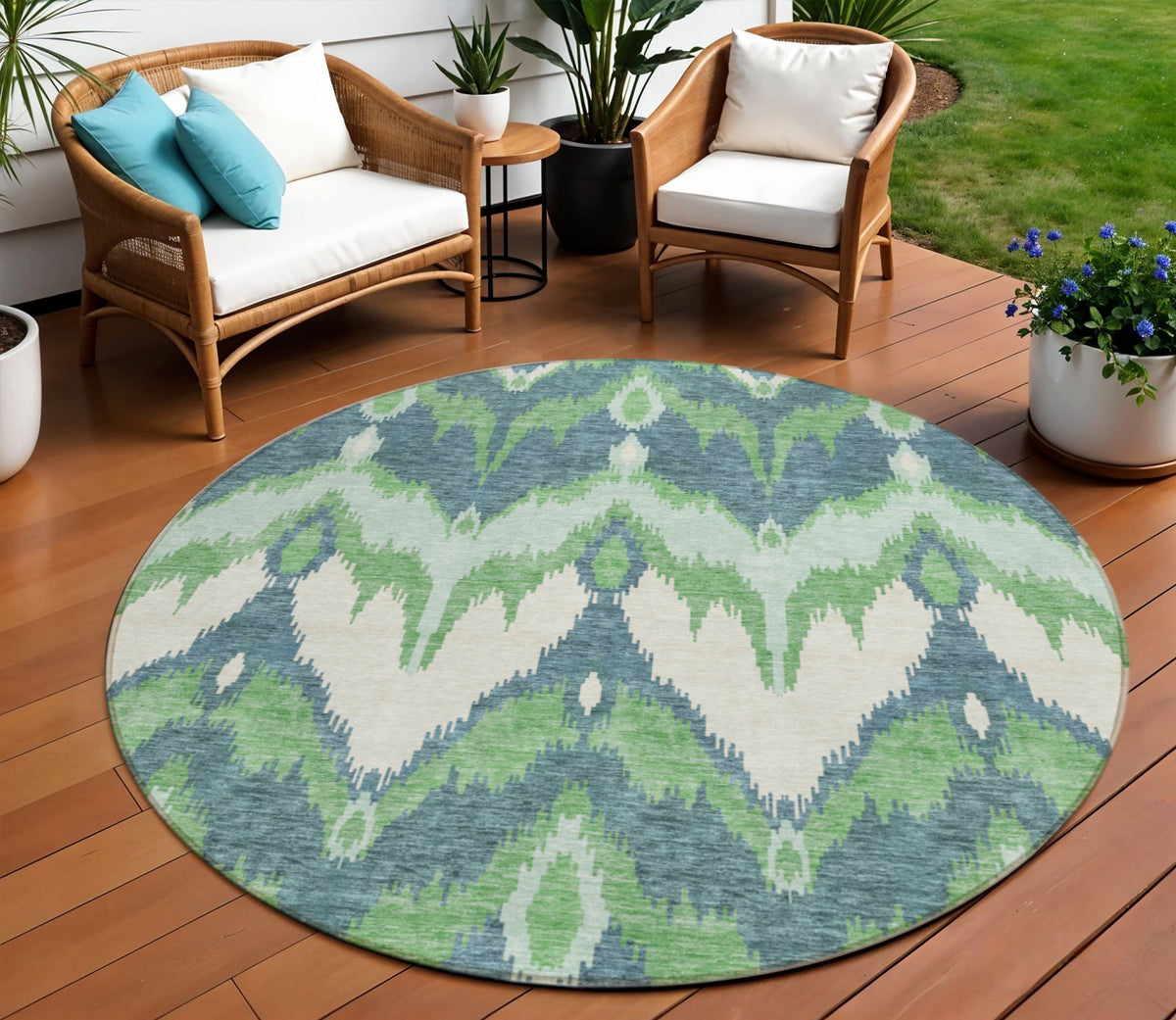8' Green Ivory And Blue Round Ikat Washable Indoor Outdoor Area Rug