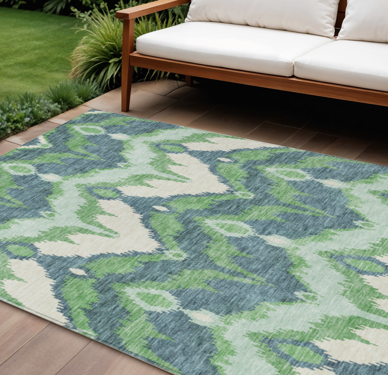 9' X 12' Green Ivory And Blue Ikat Washable Indoor Outdoor Area Rug