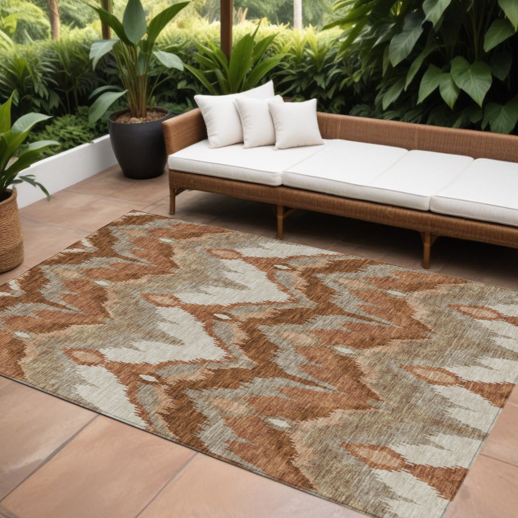 9' X 12' Orange Beige And Copper Ikat Washable Indoor Outdoor Area Rug