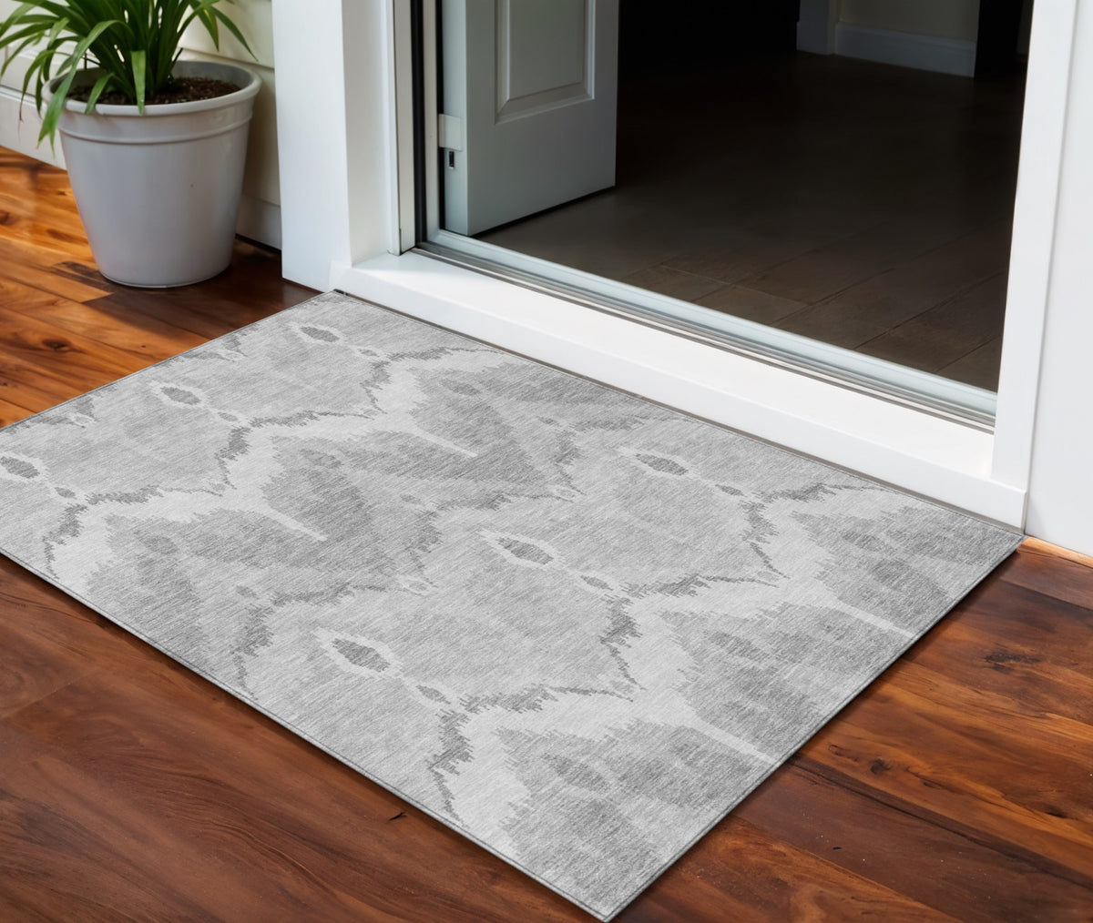 3' X 5' Silver And Gray Ikat Washable Indoor Outdoor Area Rug