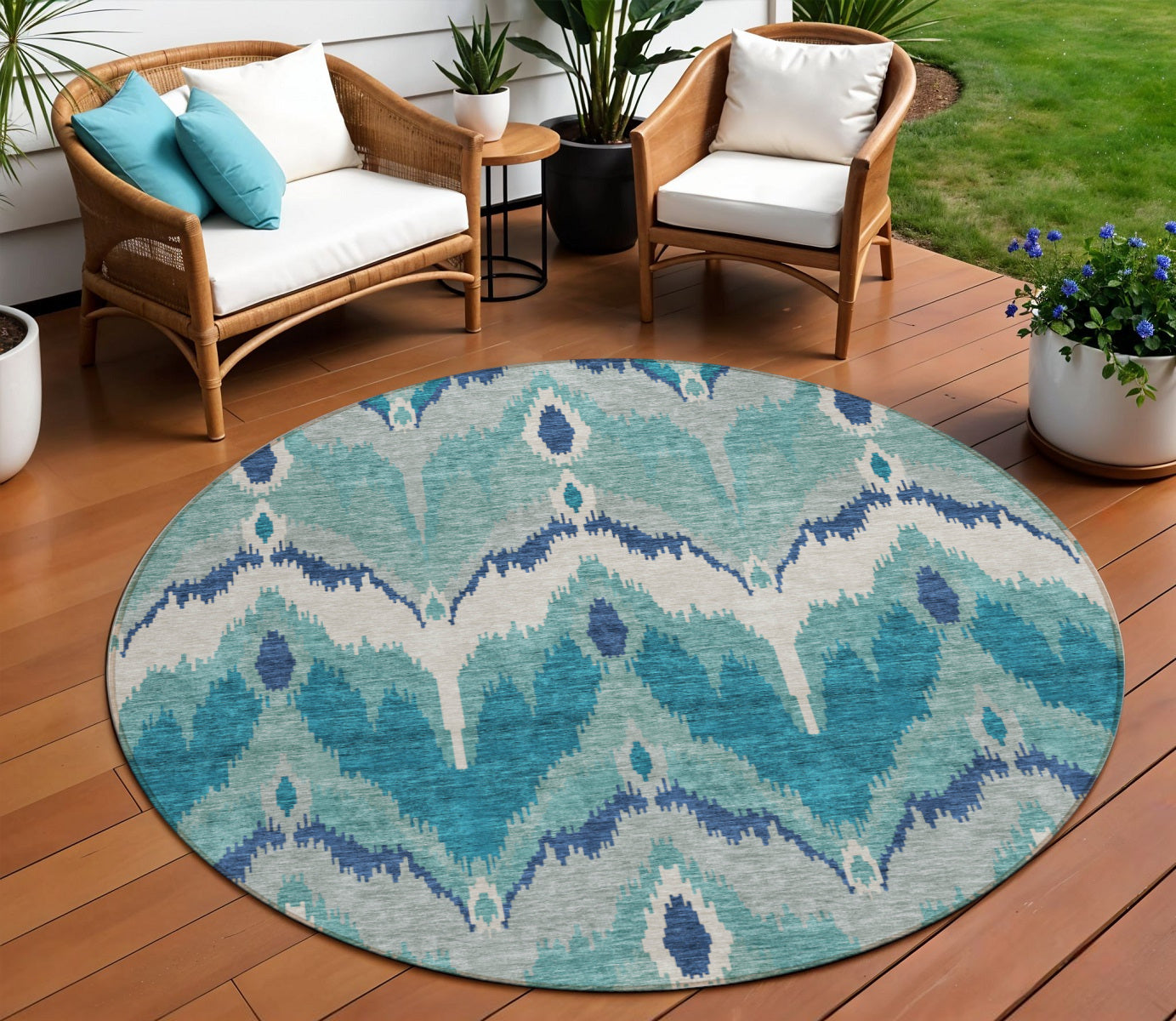 8' Teal Blue Navy Blue And Ivory Round Ikat Washable Indoor Outdoor Area Rug