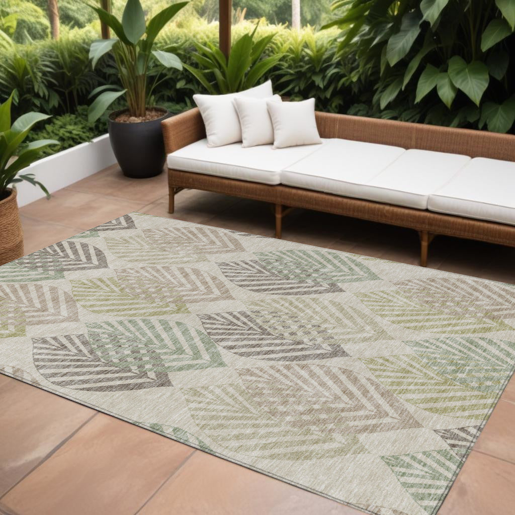 10' X 14' Beige Taupe And Artichoke Green Floral Washable Indoor Outdoor Area Rug