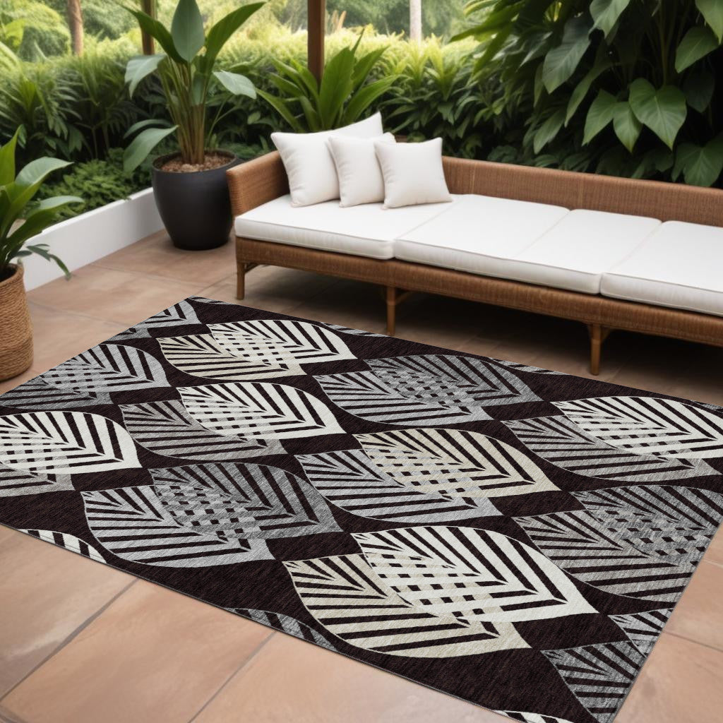 9' X 12' Black Silver And Charcoal Floral Washable Indoor Outdoor Area Rug