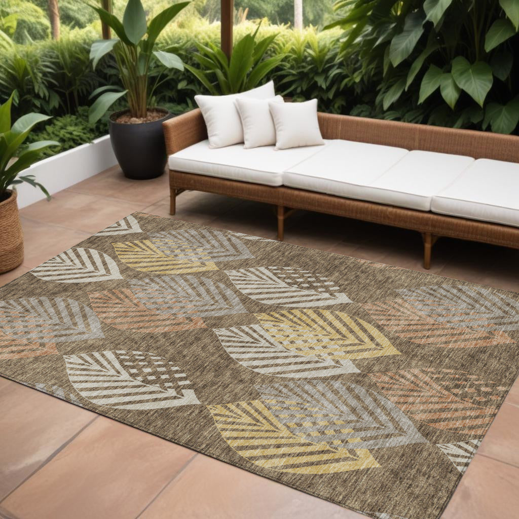 9' X 12' Chocolate Beige And Gray Floral Washable Indoor Outdoor Area Rug