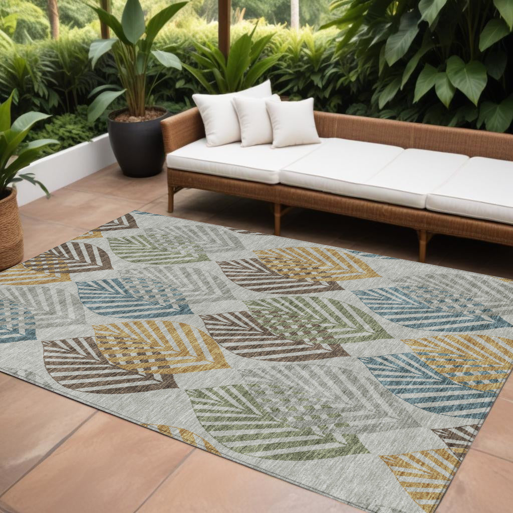 8' X 10' Gray Silver And Teal Blue Floral Washable Indoor Outdoor Area Rug