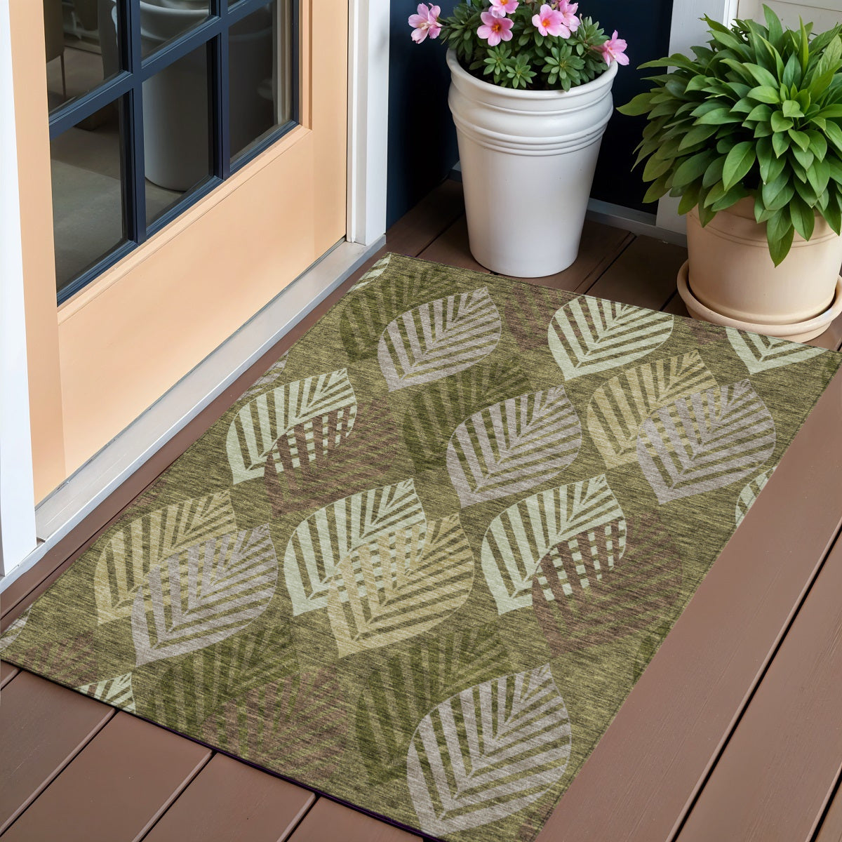 3' X 5' Olive Green Artichoke Green And Gray Floral Washable Indoor Outdoor Area Rug