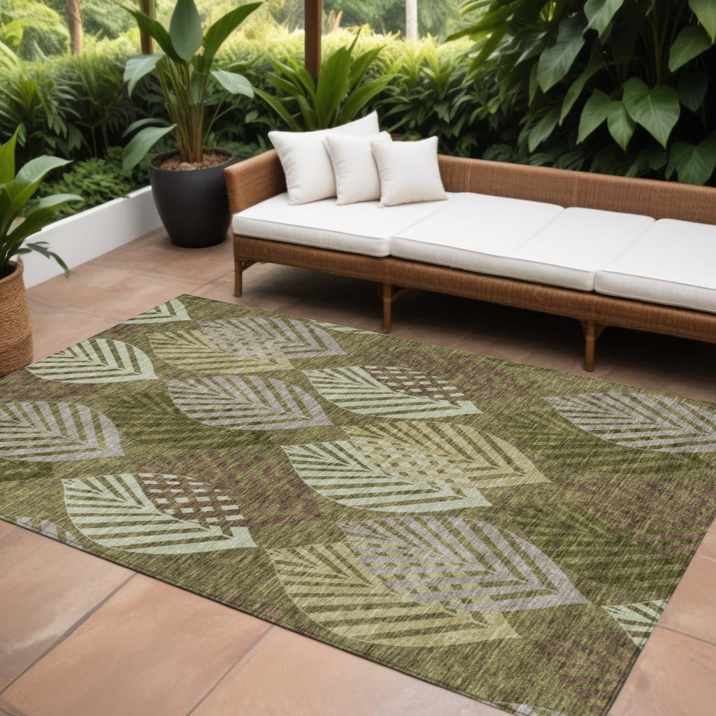 9' X 12' Olive Green Artichoke Green And Gray Floral Washable Indoor Outdoor Area Rug