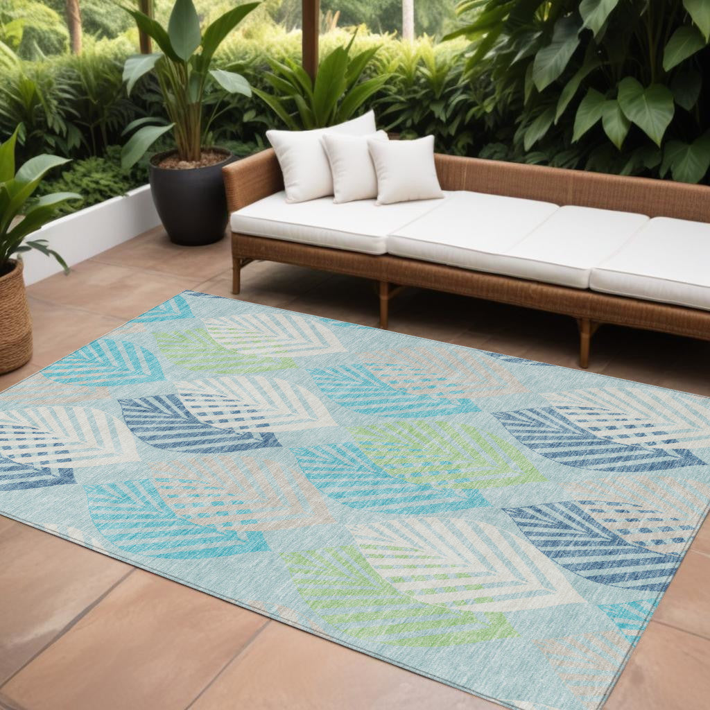 9' X 12' Teal Blue Aqua And Navy Blue Floral Washable Indoor Outdoor Area Rug