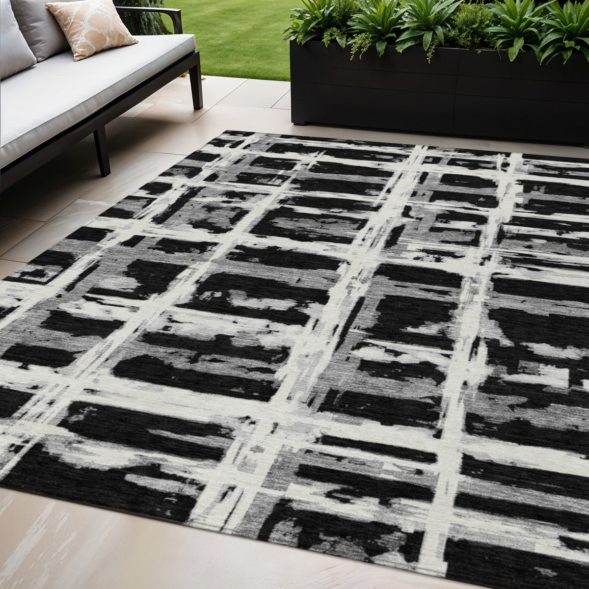 5' X 8' Black Gray And Silver Striped Washable Indoor Outdoor Area Rug