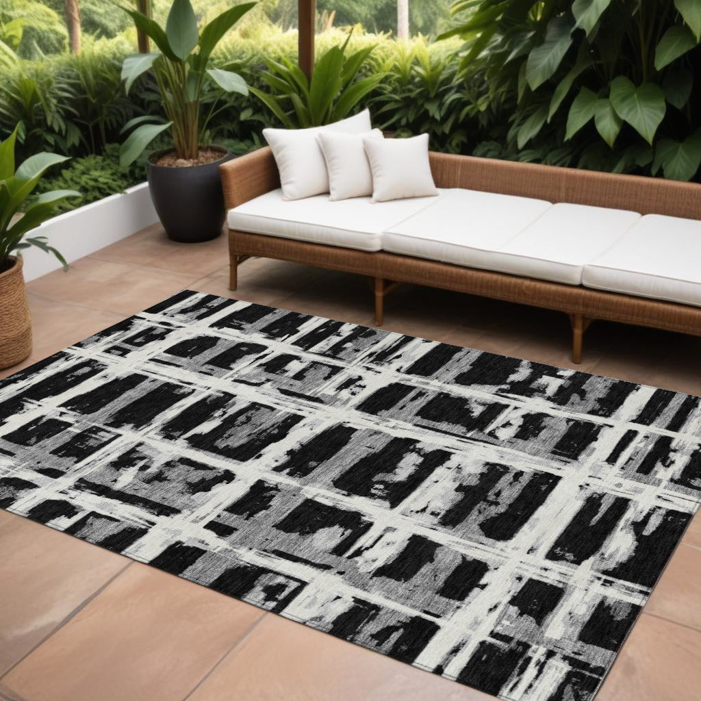 10' X 14' Black Gray And Silver Striped Washable Indoor Outdoor Area Rug