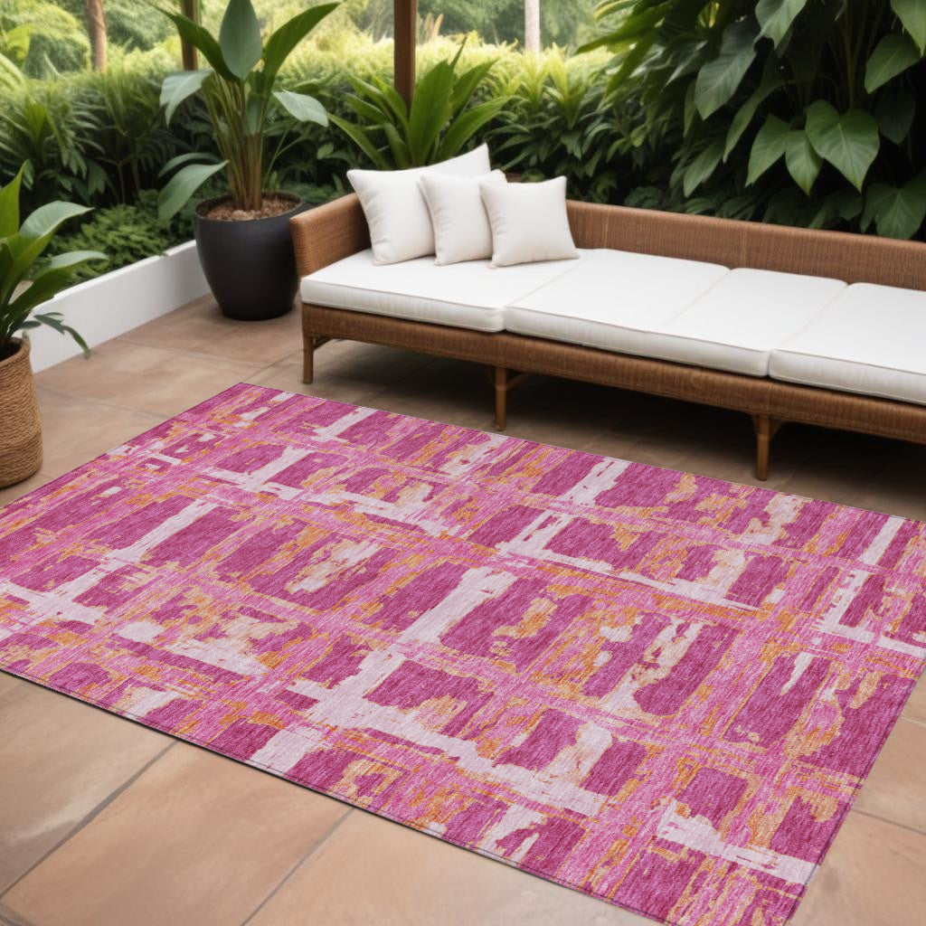 9' X 12' Blush Pink And Orange Striped Washable Indoor Outdoor Area Rug