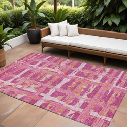 9' X 12' Blush Pink And Orange Striped Washable Indoor Outdoor Area Rug