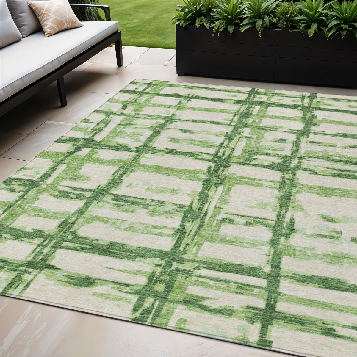 5' X 8' Artichoke Green And Emerald Striped Washable Indoor Outdoor Area Rug