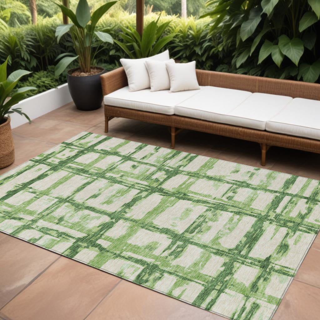 10' X 14' Artichoke Green And Emerald Striped Washable Indoor Outdoor Area Rug