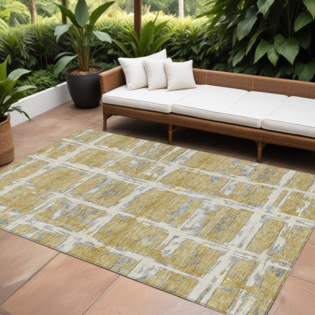 9' X 12' Gold Beige And Gray Striped Washable Indoor Outdoor Area Rug