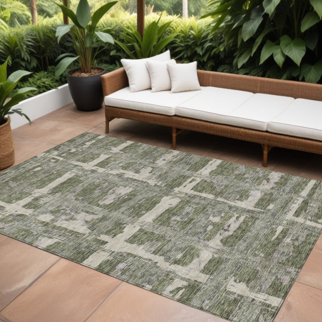 9' X 12' Olive Green Gray And Beige Striped Washable Indoor Outdoor Area Rug