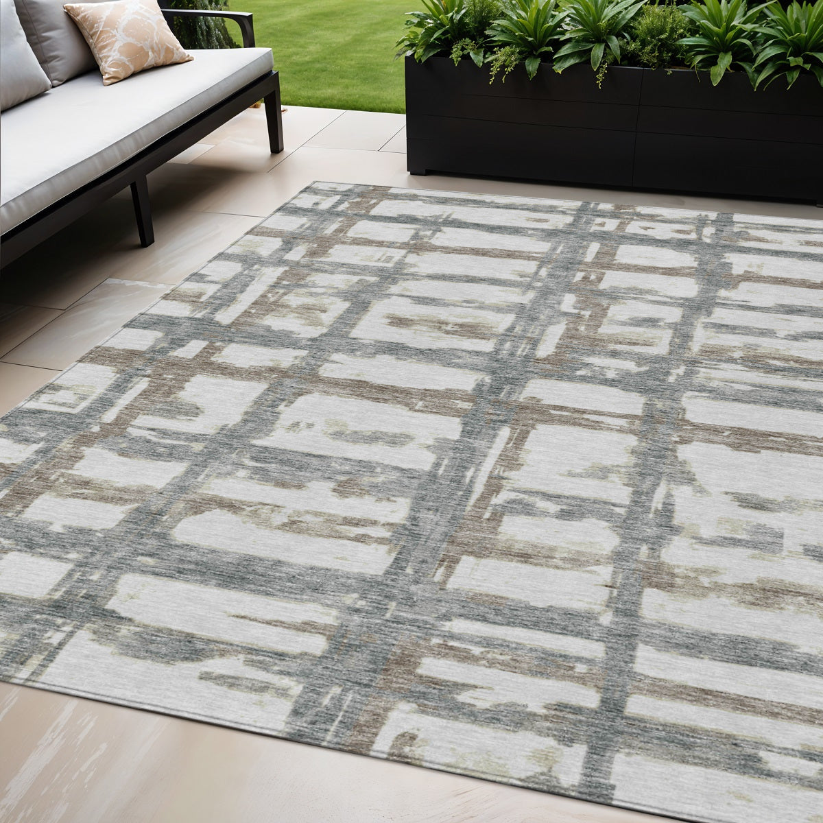 5' X 8' Silver Taupe And Gray Striped Washable Indoor Outdoor Area Rug