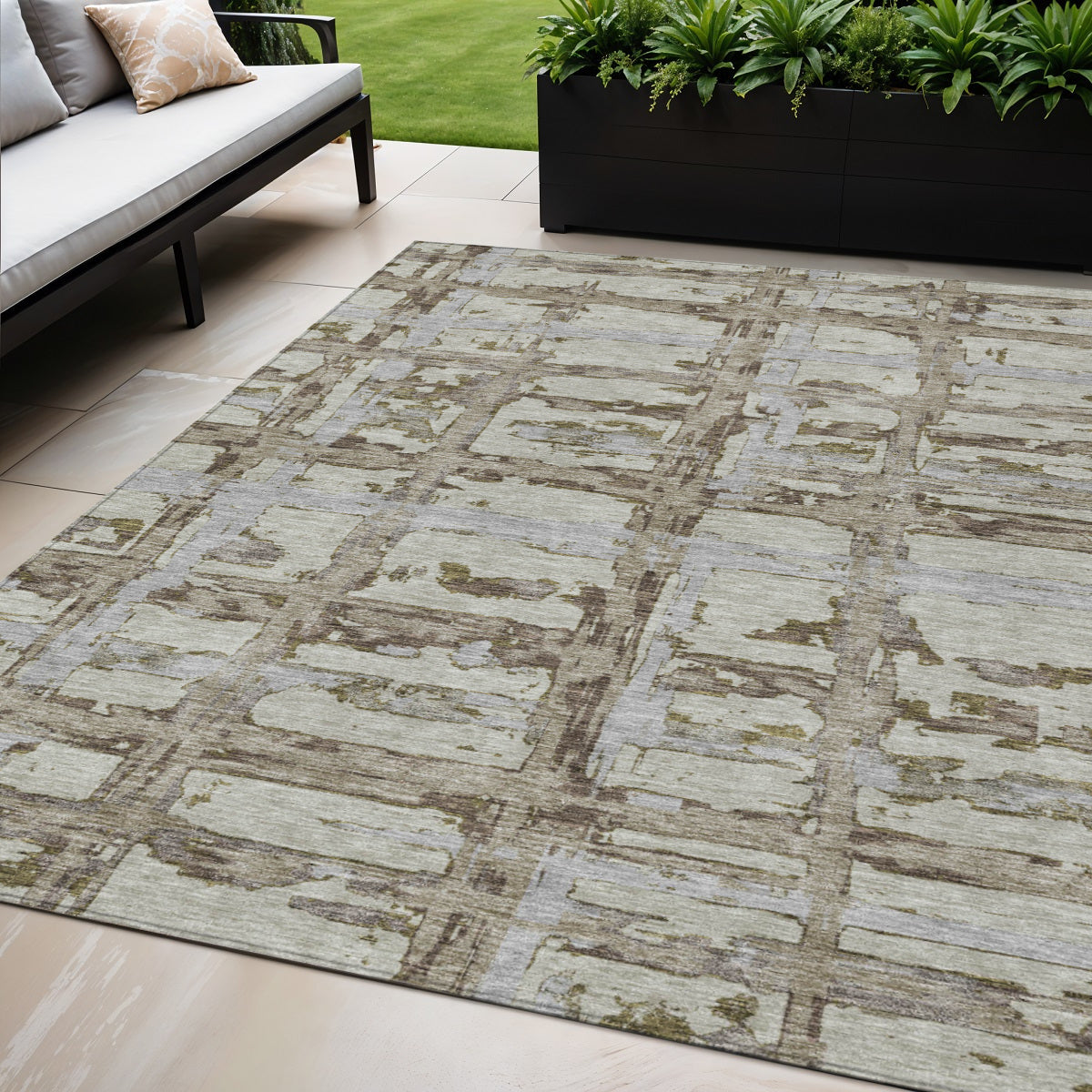 9' X 12' Taupe Gray And Brown Striped Washable Indoor Outdoor Area Rug