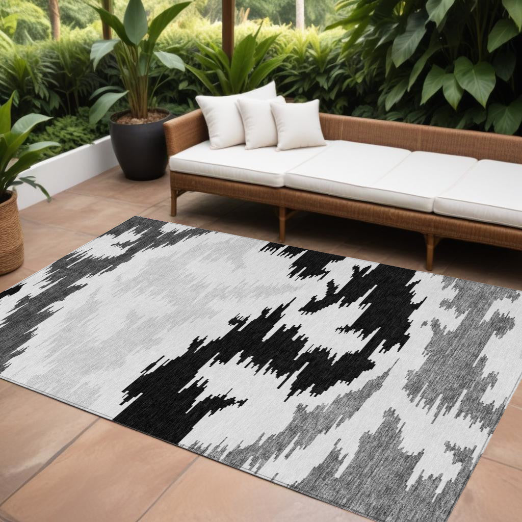 10' X 14' Black Gray And Silver Abstract Washable Indoor Outdoor Area Rug
