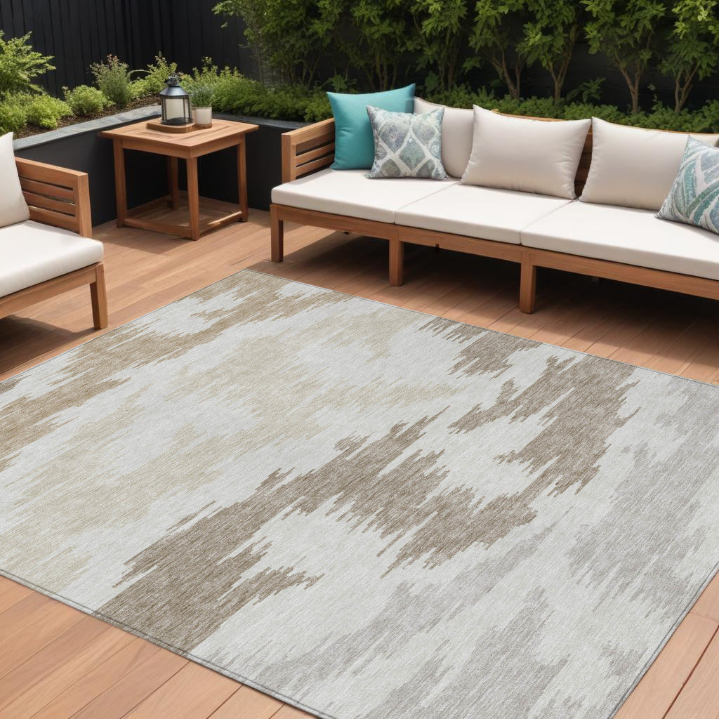 9' X 12' Ivory Beige And Brown Abstract Washable Indoor Outdoor Area Rug