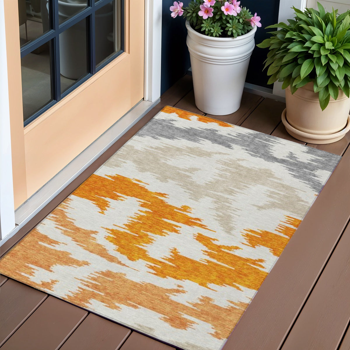 3 X 5 Orange Beige And Ivory Abstract Washable Indoor Outdoor Area Rug