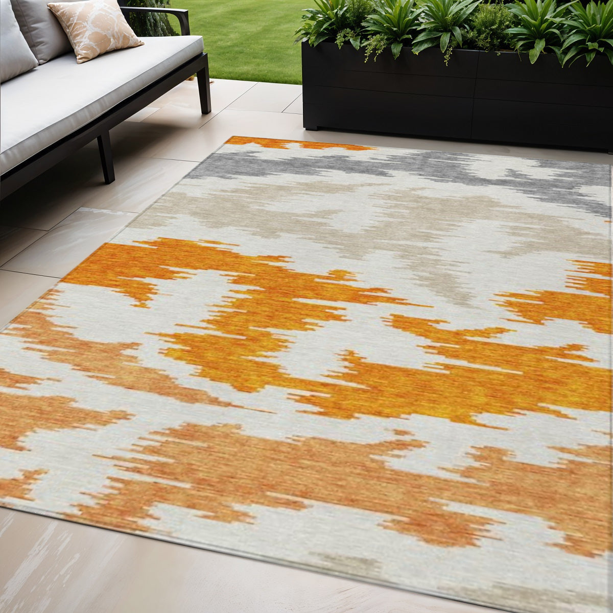 5 X 8 Orange Beige And Ivory Abstract Washable Indoor Outdoor Area Rug