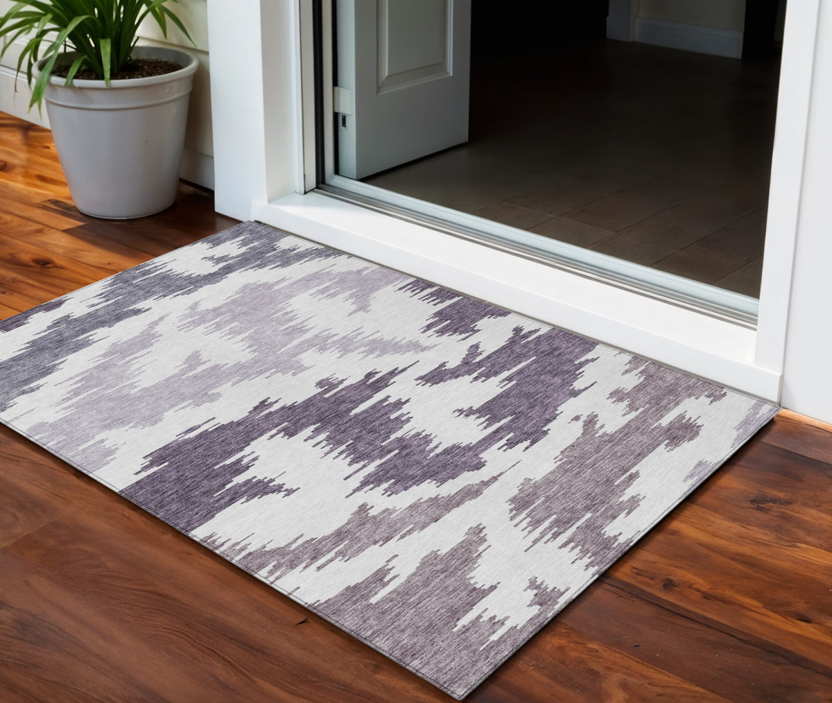 3' X 5' Purple Lavender And Ivory Abstract Washable Indoor Outdoor Area Rug