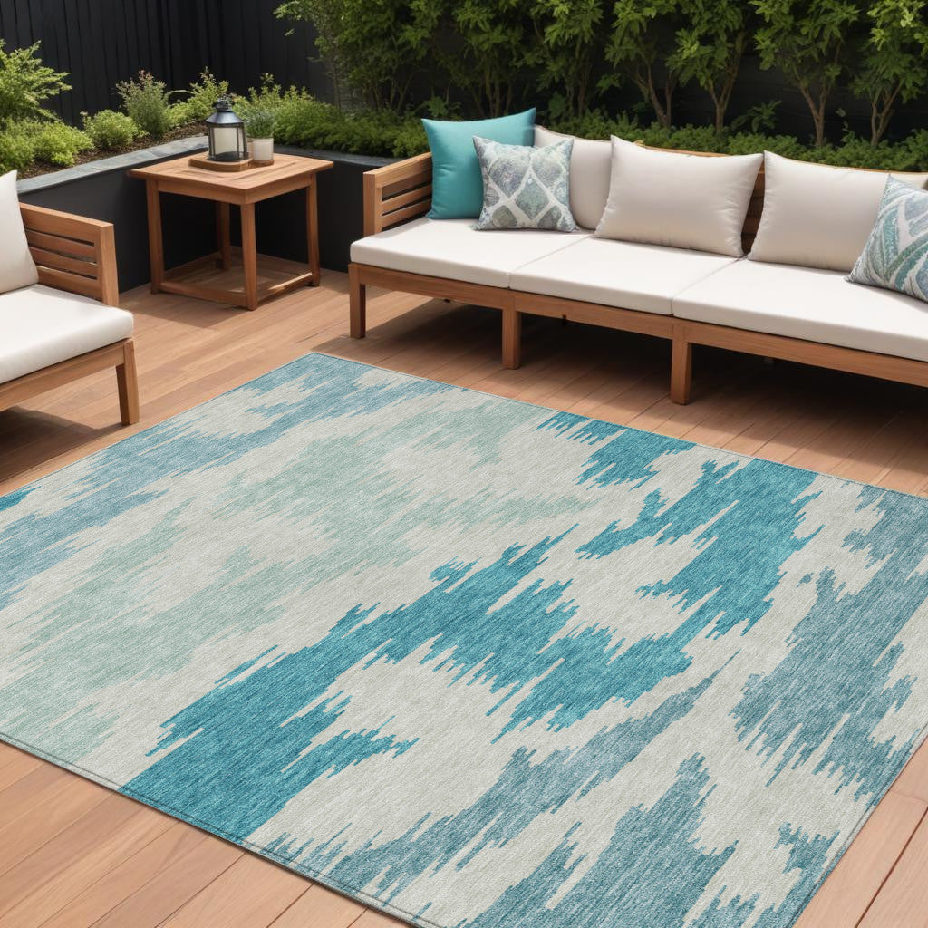 9' X 12' Teal Blue Aqua And Ivory Abstract Washable Indoor Outdoor Area Rug