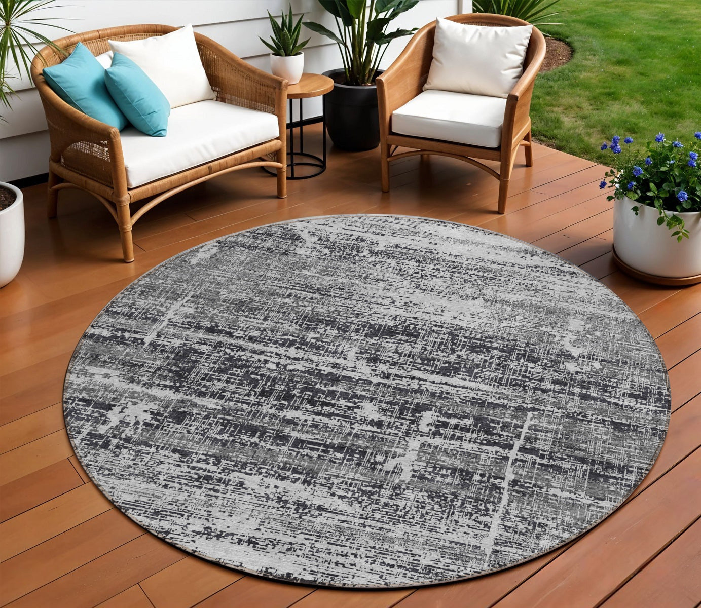8' Black Gray And Charcoal Round Abstract Washable Indoor Outdoor Area Rug