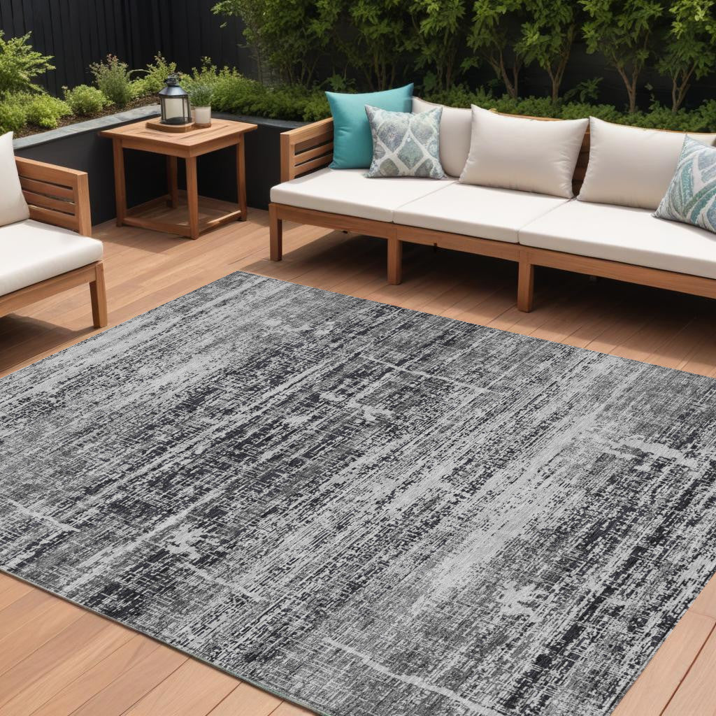 10' X 14' Black Gray And Charcoal Abstract Washable Indoor Outdoor Area Rug