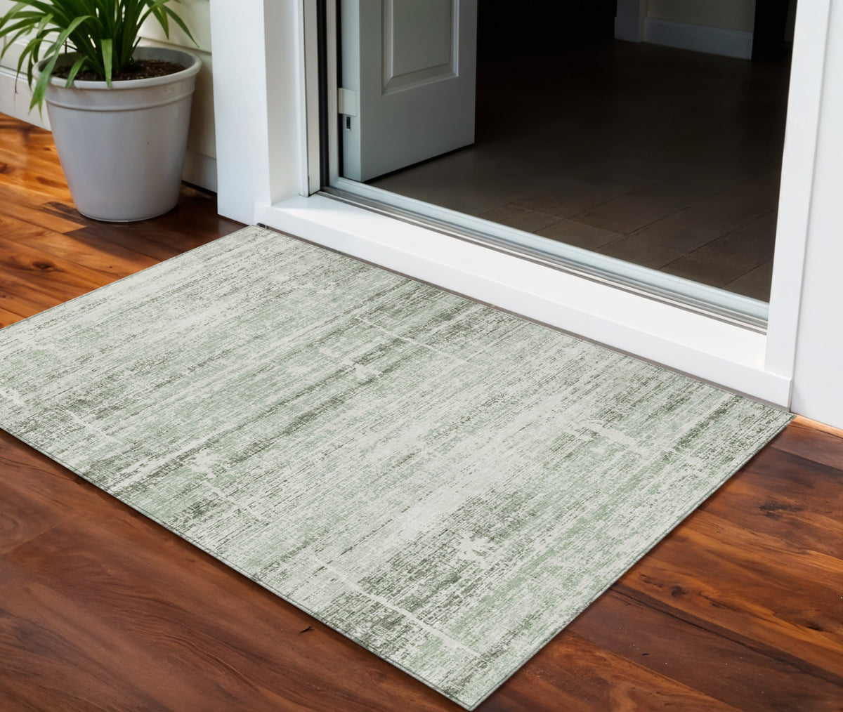3' X 5' Sage Artichoke Green And Ivory Abstract Washable Indoor Outdoor Area Rug
