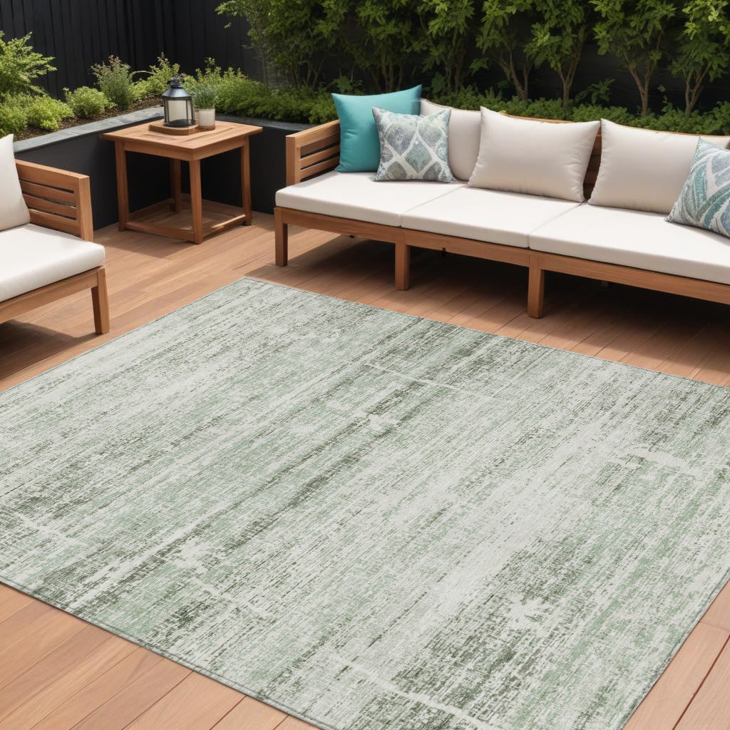 10' X 14' Sage Artichoke Green And Ivory Abstract Washable Indoor Outdoor Area Rug